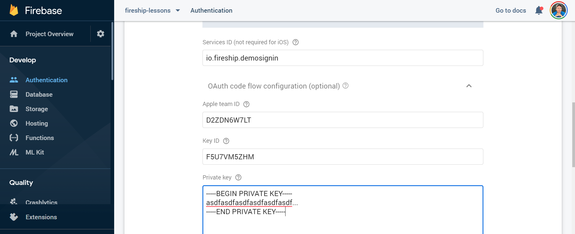 Copy the contents of the private key in the console