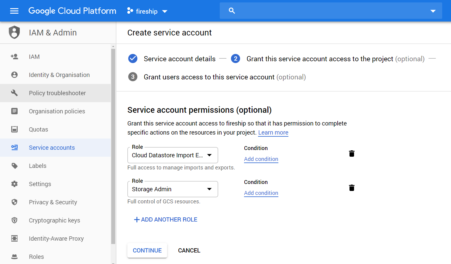 Create a service account that has the Cloud Datastore Import Export Admin & Storage Admin permissions