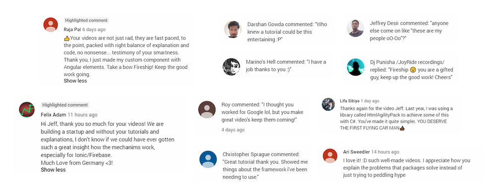 Testimonials for Fireship.io code tutorials